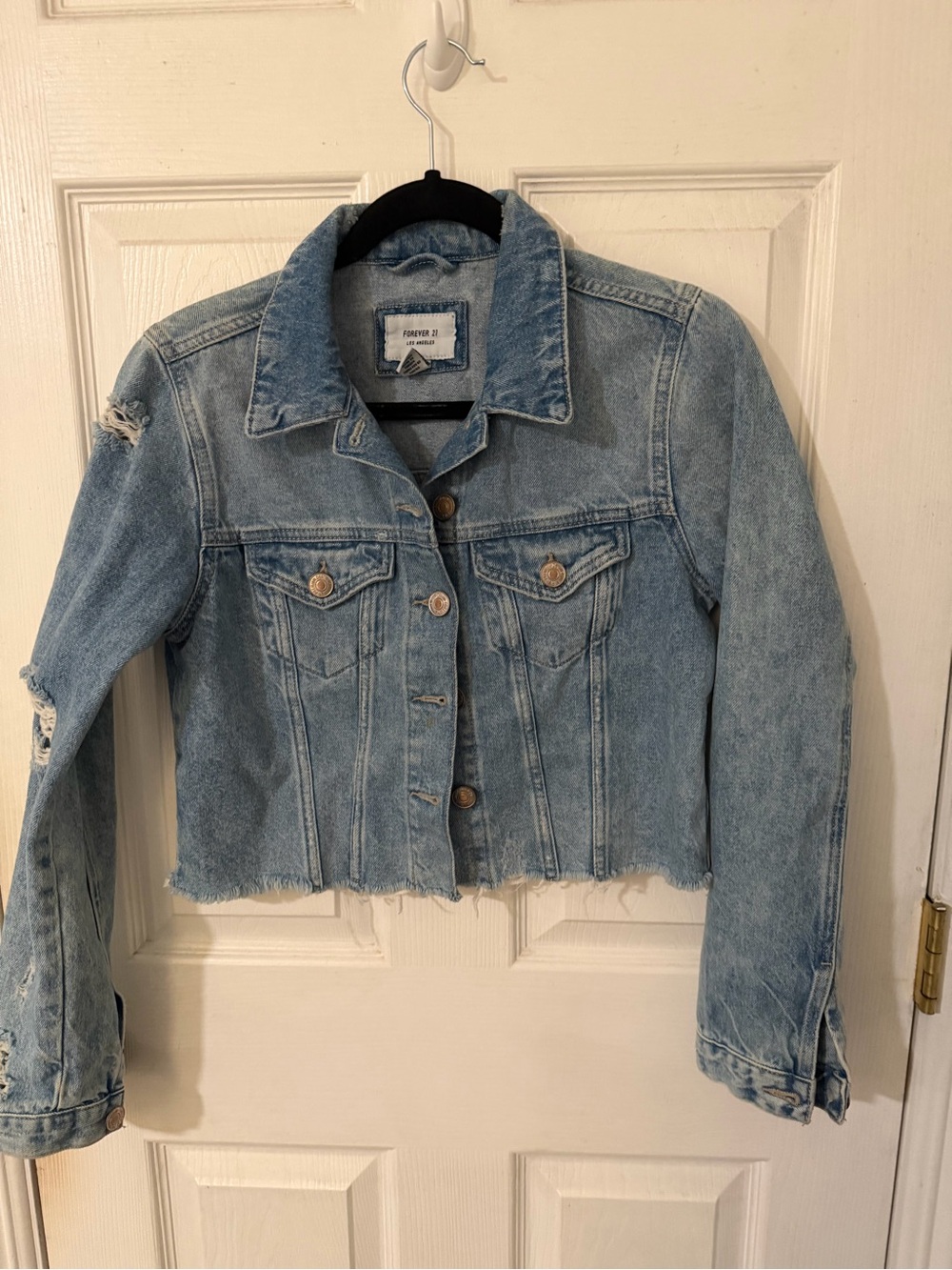 Forever 21 Washed Light Blue Distressed Cropped Denim Jacket